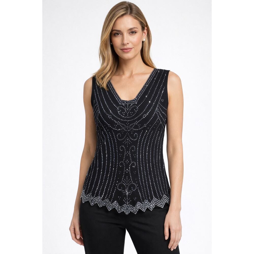 Vintage MSK Women’s Beaded Sparkly Black Sleeveless Art DecoTop – Size Small